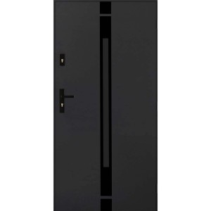 Czarne drzwi zewnętrzne z pionowym elementem dekoracyjnym.
