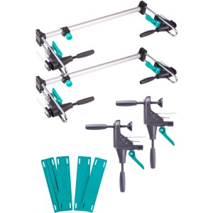 Wolfcraft Zestaw do montażu ościeżnic Pro, 8-częściowy, z 2 rozpórkami ościeżnic, 2 zaciskami wyrównującymi i klinami montażowymi.
