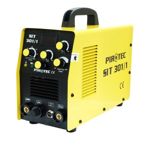 Żółta spawarka PIROTEC SIT 301/1 do MMA/TIG. Kompaktowa konstrukcja z uchwytem do przenoszenia.