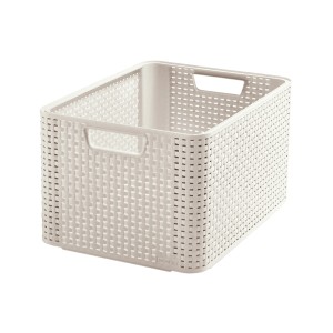 Beżowy pojemnik do przechowywania t.b.t. z wzorem rattanu i uchwytami.