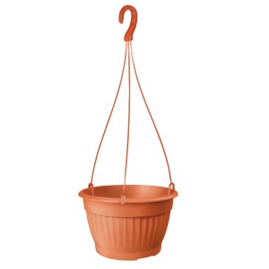 Brązowa wisząca doniczka na rośliny, żebrowana powierzchnia.