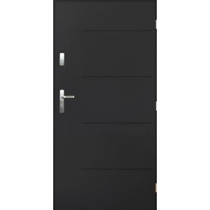 Nowoczesne, czarne drzwi zewnętrzne z poziomymi liniami dekoracyjnymi i zestawem klamek ze stali nierdzewnej.