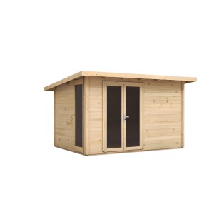 Nowoczesny drewniany domek ogrodowy t.b.t. z podwójnymi drzwiami i oknem.