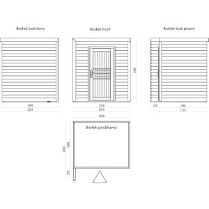 Rysunek techniczny domku ogrodowego t.b.t.: widoki z boku, z przodu i fundamenty z wymiarami.