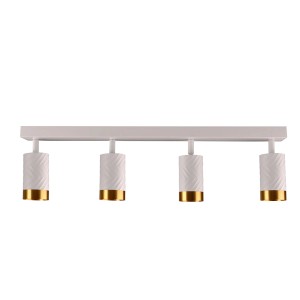 Biała listwa oświetleniowa t.b.t. z czterema reflektorami i złotymi akcentami.
