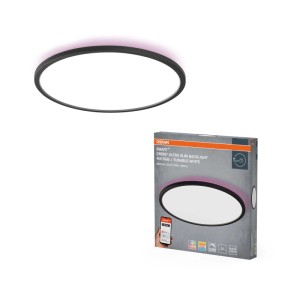 Lampa panelowa LED Osram Smart Orbis Ultra Slim, czarna, Ø 40 cm, z białym światłem głównym i fioletowym podświetleniem. Lampa sufitowa LED.