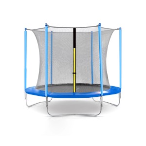 Niebieska trampolina ogrodowa z siatką zabezpieczającą dla dzieci i dorosłych.