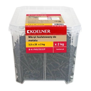 Przezroczyste pudełko z czarnymi wkrętami, odpowiednie do prac metalowych.