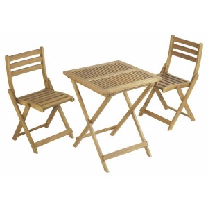 3-częściowy zestaw mebli balkonowych Copland z drewna FSC w kolorze brązowym ze składanym stołem i dwoma krzesłami.