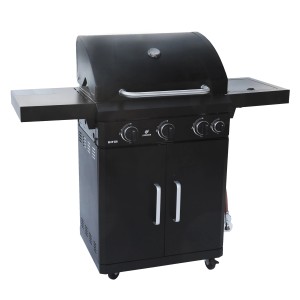 Czarny grill gazowy z półkami bocznymi i szafką.