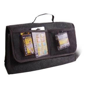 Szara torba transportowa z uchwytem i siatkowymi kieszeniami na akcesoria.