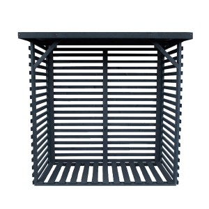 Drewniana wiata t.b.t. do ogrodu, konstrukcja listwowa w ciemnym kolorze.