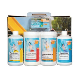 Zestaw do pielęgnacji basenu ze środkiem czyszczącym, granulatem pH-minus, tabletkami aktywnego tlenu i zestawem testowym do dezynfekcji basenu.