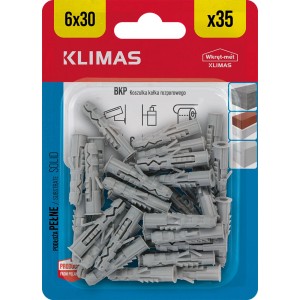 Szare kołki Klimas 6x30 mm, 35 sztuk, do śrub, gwoździ i mocowań.