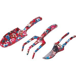 3-częściowy zestaw narzędzi ogrodowych z motywem kwiatowym: łopatka, grabie i sekator.