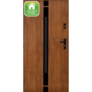 Brązowe drzwi zewnętrzne z czarnymi akcentami i klamką. Drzwi wejściowe.