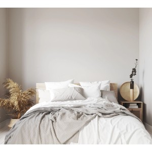 Sypialnia z łóżkiem, szafką nocną i dekoracją. Inspiracja kolorami ścian.