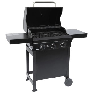 Czarny grill gazowy z trzema palnikami i półkami bocznymi.