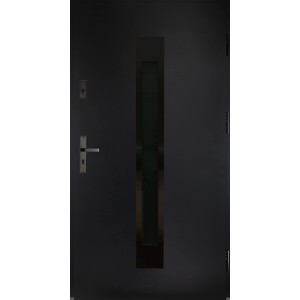 Nowoczesne antracytowe drzwi zewnętrzne z wąskim panelem szklanym.