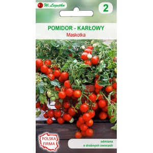 Opakowanie nasion pomidora karłowego 'Maskotka' z dojrzałymi, czerwonymi pomidorami.