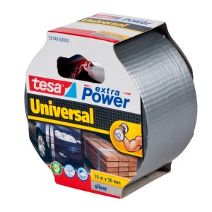 Tesa Extra Power Universal Srebrna, 10 m x 50 mm, na opakowaniu. Uniwersalna taśma tkaninowa do napraw i mocowania.