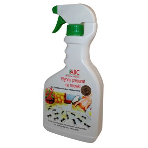 Butelka ze sprayem na mrówki, biała butelka z zielonymi akcentami.