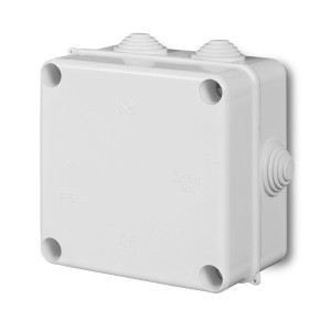 Biała puszka natynkowa t.b.t. do suchej zabudowy, IP55, z wieloma wejściami kablowymi.