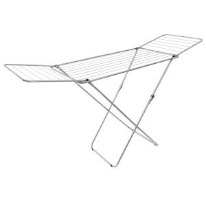 Srebrna suszarka skrzydłowa Kolibri, rozłożona, do suszenia 18 m prania.