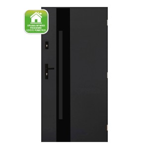 Nowoczesne, czarne drzwi zewnętrzne z pionowym elementem dekoracyjnym.