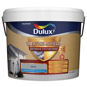 Wiadro szarej farby fasadowej Dulux Weathershield do ekstremalnej ochrony, 10L.