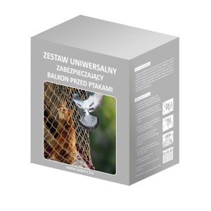 Opakowanie siatki balkonowej do ochrony przed ptakami, z kotem i gołębiem w siatce.