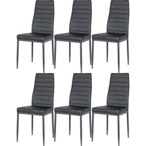Zestaw 6 czarnych krzeseł tapicerowanych z prostym oparciem i metalowymi nogami.