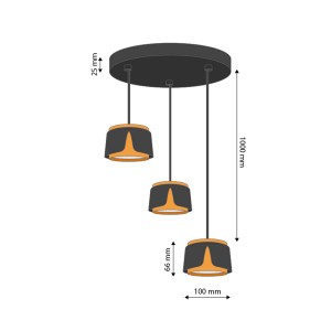 Czarna lampa wisząca z trzema kloszami na różnych wysokościach.