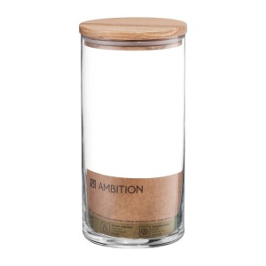 Szklany pojemnik do przechowywania żywności z drewnianą pokrywką.