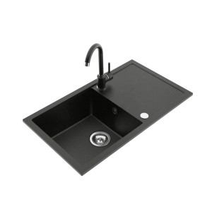 Czarny zlewozmywak granitowy t.b.t. z ociekaczem i baterią.