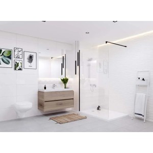 Nowoczesna łazienka z białymi płytkami ściennymi t.b.t., umywalką i prysznicem.