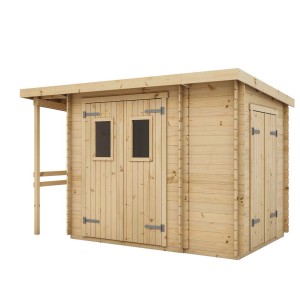 Drewniany domek ogrodowy t.b.t. z podwójnymi drzwiami i małym zadaszeniem.