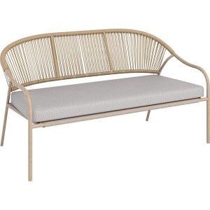 Elegancka ławka ogrodowa z beżową ramą i szarą poduszką siedziska. Część zestawu mebli ogrodowych.