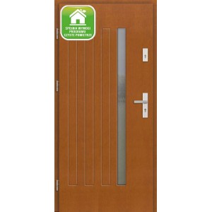 Brązowe drzwi zewnętrzne z szybą i pionowymi listwami dekoracyjnymi.
