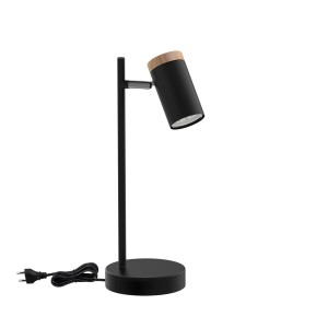 Czarna lampa stołowa t.b.t. z drewnianymi akcentami do dekoracyjnego oświetlenia.