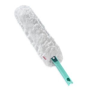 Miotła do kurzu Leifheit Superduster XL z mikrofibry i zieloną rączką.