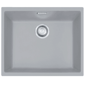 Szary zlewozmywak granitowy t.b.t. z okrągłym koszem sitkowym ze stali nierdzewnej.