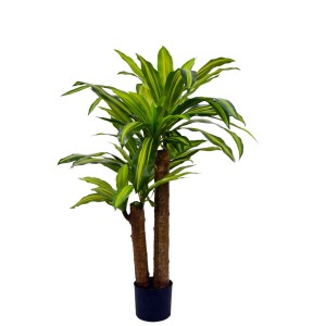 Sztuczna roślina Dracena w doniczce, zielone liście z żółtymi paskami.