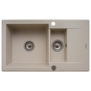 Beżowy zlewozmywak granitowy z dwiema komorami i ociekaczem.