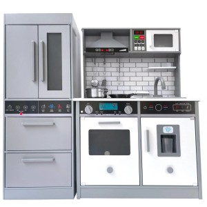 Szara kuchnia zabawkowa z lodówką, kuchenką, zlewem i mikrofalówką dla dzieci.