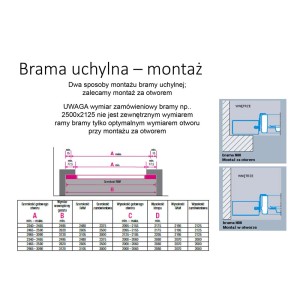 Instrukcja montażu bramy garażowej: Schemat z wymiarami i opcjami montażu.