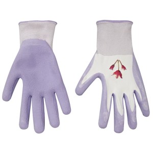 Rękawice ogrodowe LUX lateksowe fioletowe rozm. 7, idealne do prac w ogrodzie, z kwiatowym nadrukiem.