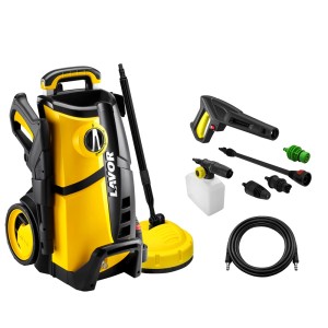 Żółta myjka ciśnieniowa z akcesoriami, takimi jak dysze, pistolet i wąż.