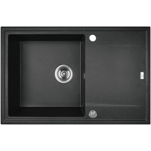 Czarny zlewozmywak granitowy z ociekaczem i zaworem koszyczkowym.