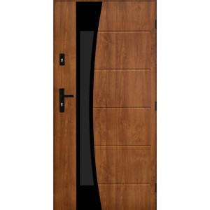 Nowoczesne drzwi zewnętrzne w kolorze drewna z czarną wstawką szklaną.